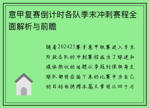意甲复赛倒计时各队季末冲刺赛程全面解析与前瞻