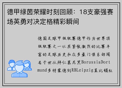 德甲绿茵荣耀时刻回顾：18支豪强赛场英勇对决定格精彩瞬间